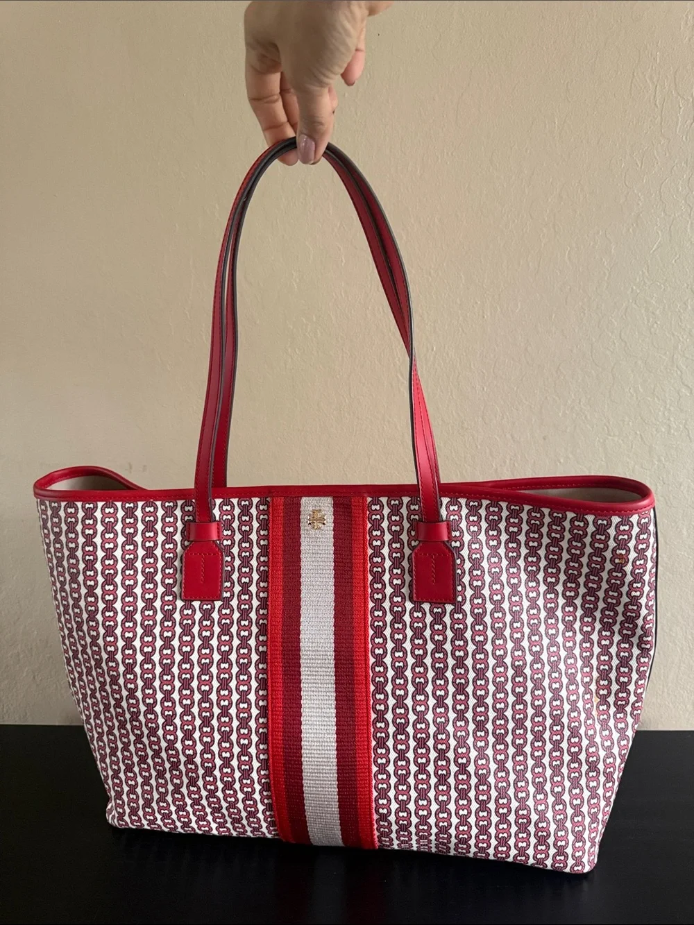 Tory Burch Gemini Link Canvas Tote Bag Red White Striped Like New